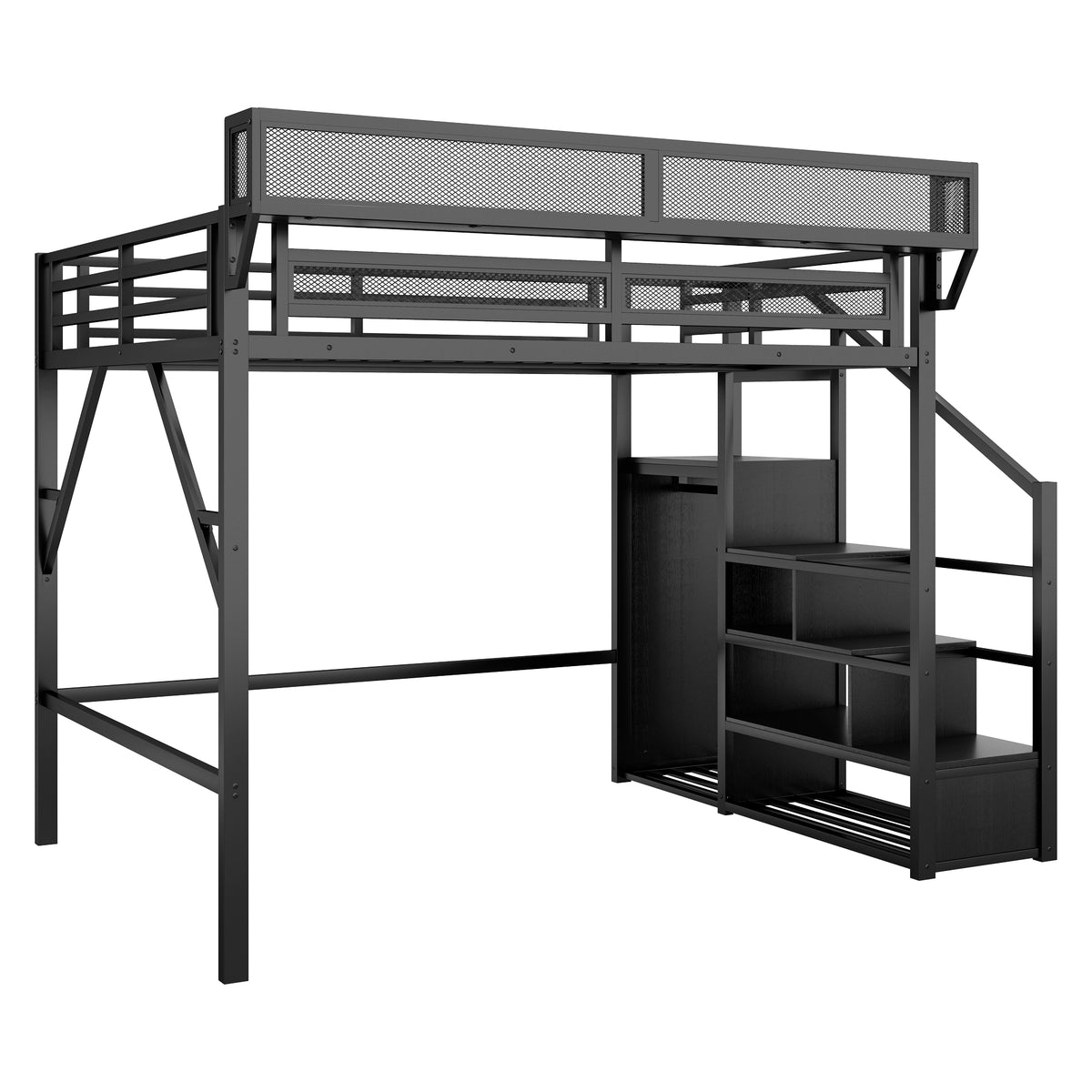 Full Size Loft Bed with Stairs, Metal Full Loft Bed with Storage Shelves, High Loft Bed with Wardrobe for Kids Teens, Black