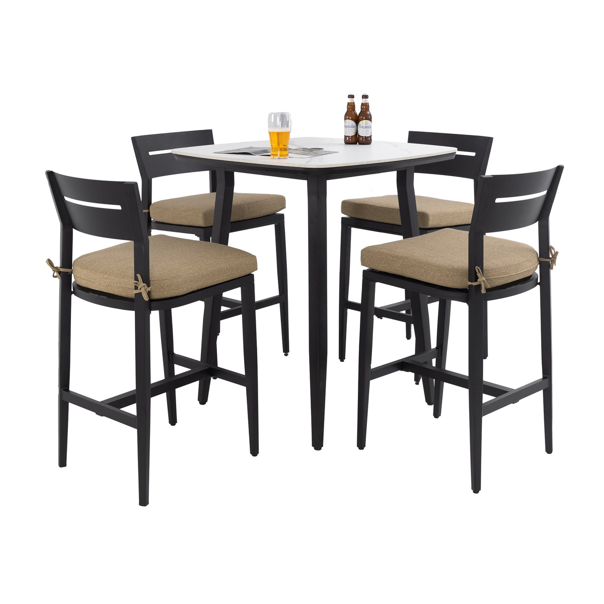 Modern 5PC Outdoor Patio Bar Set, Rounded Square 35.4'' Sintered Stone Table & 4 Aluminum Bar Stools, Ember Black, Greek White Marble-Inspired Top, Tapered Legs, Sunbrella Cushion, Weather-Resistant
