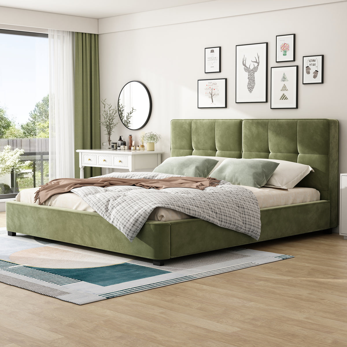 King Size Velvet Bed Frames, Upholstered Platform Bed with Curved Tufted Headboard, Soft Square Corners, Olive Green