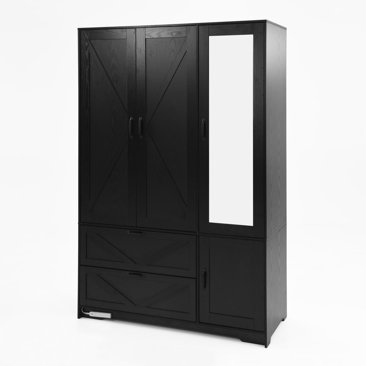 4 Doors Wardrobe Closet with Mirror, LED Wardrobe with Doors and 2 Drawers, Wooden Wardrobe Storage Cabinet with Hanging Rod, Adjustable Shelves, Black