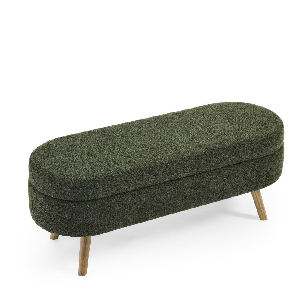 Elegant Ottoman Oval Storage Bench with Rubber Wood Legs in Green, Foam Upholstery, 43.5'x16'x16'