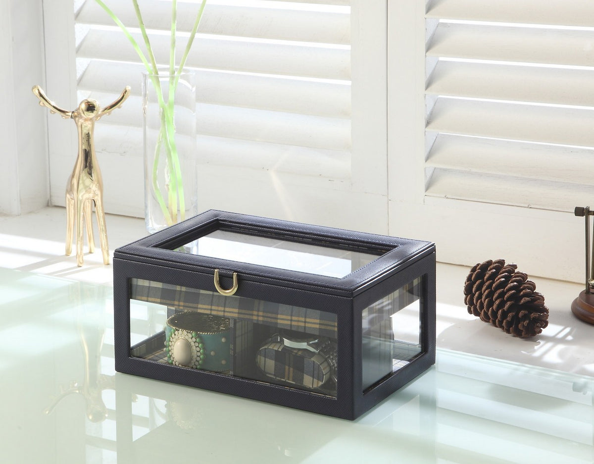 9.8' Long Tempered Glass and Leather Jewelry Case / Watch Display, Blue