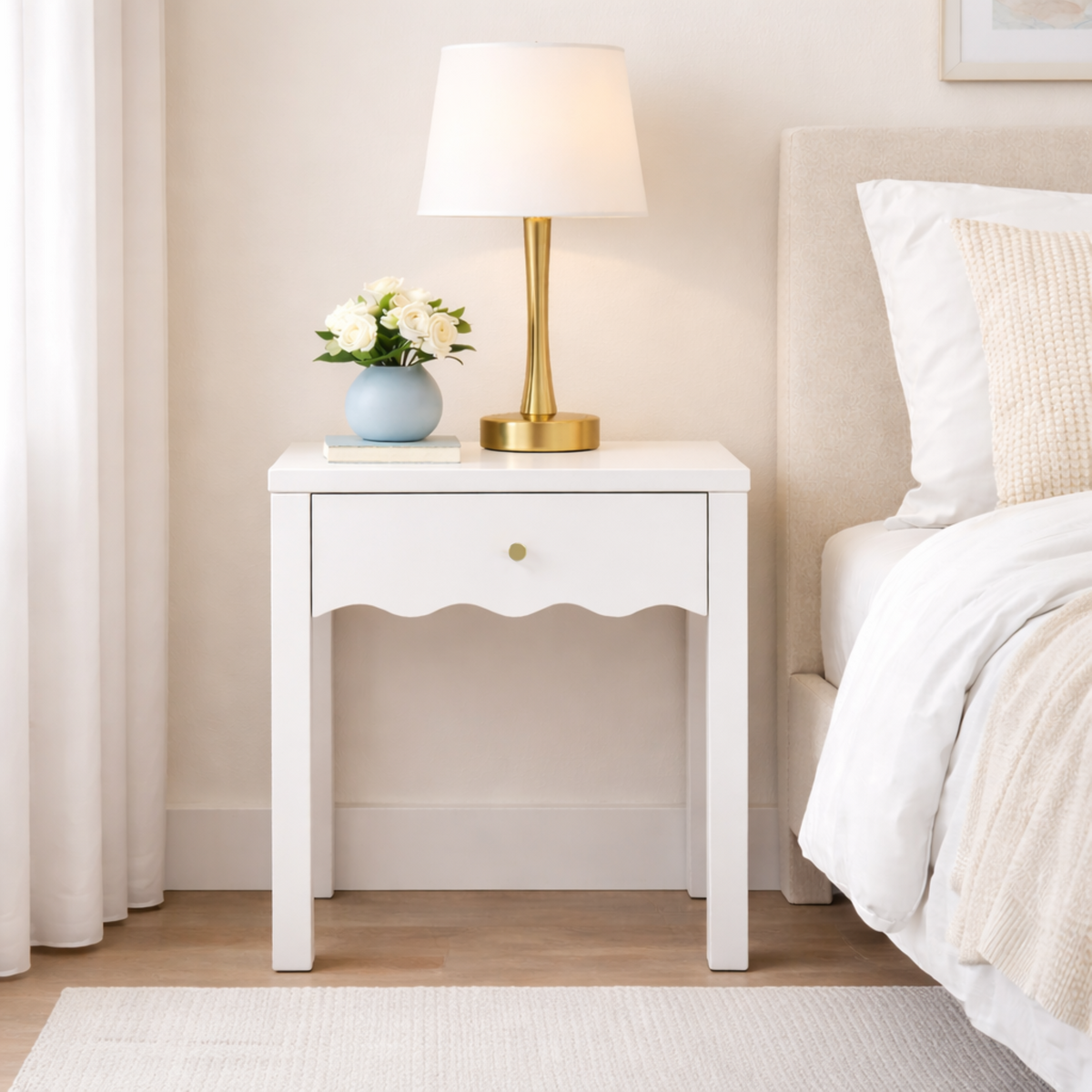White Nightstand with Drawer, Modern Bedside Table with Wavy Apron Design, Compact End Table for Bedroom Living Room, Small Side Table with Storage