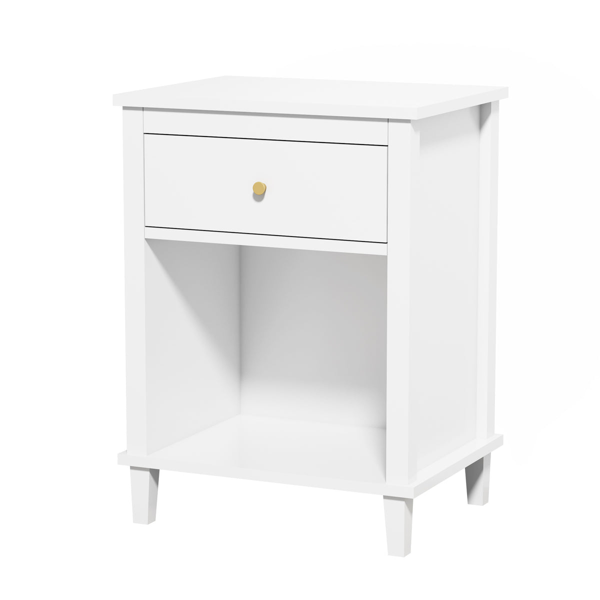 26.77''H White Wooden Nightstand with One Drawer and Shelf, Golden Handle, MDF Construction for Kids and Adults
