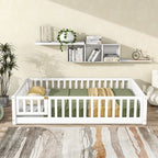 Full Size Floor Bed with Fence and Door,Rubber Wood Floor Bed with Safety Guardrails,White