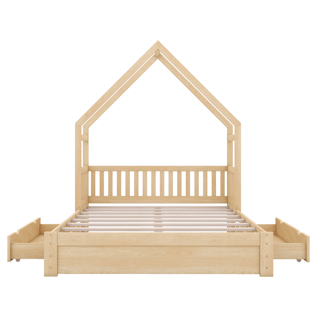 Wood Queen Size House Platform Bed with Guardrail and 2 Drawers in Natural Finish, Pine Wood and MDF