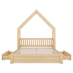 Wood Queen Size House Platform Bed with Guardrail and 2 Drawers in Natural Finish, Pine Wood and MDF