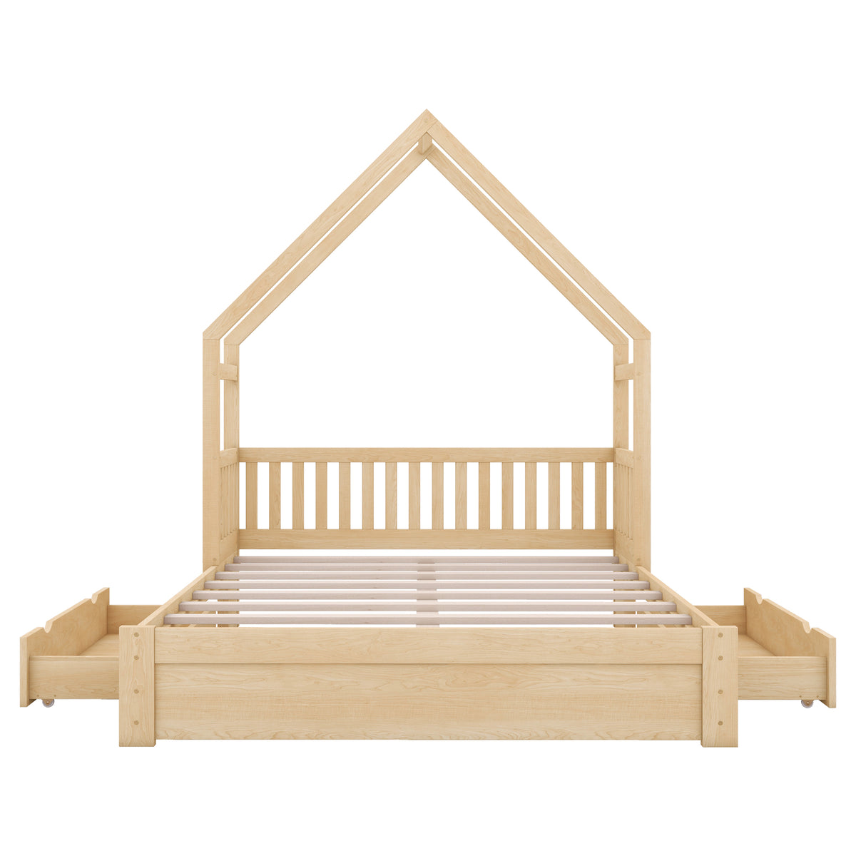 Wood Queen Size House Platform Bed with Guardrail and 2 Drawers in Natural Finish, Pine Wood and MDF