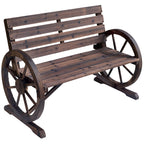 Outsunny 41' Wooden Wagon Wheel Bench, Rustic Outdoor Patio Weather Resistance Furniture, 2-Person Slatted Seat Bench with Backrest, Carbonized