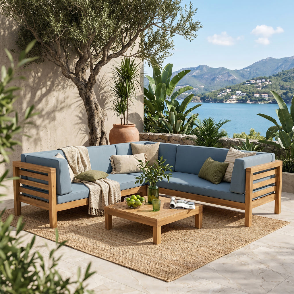 OANA OUTDOOR WOODEN SECTIONAL SET WITH CUSHIONS, BLUE