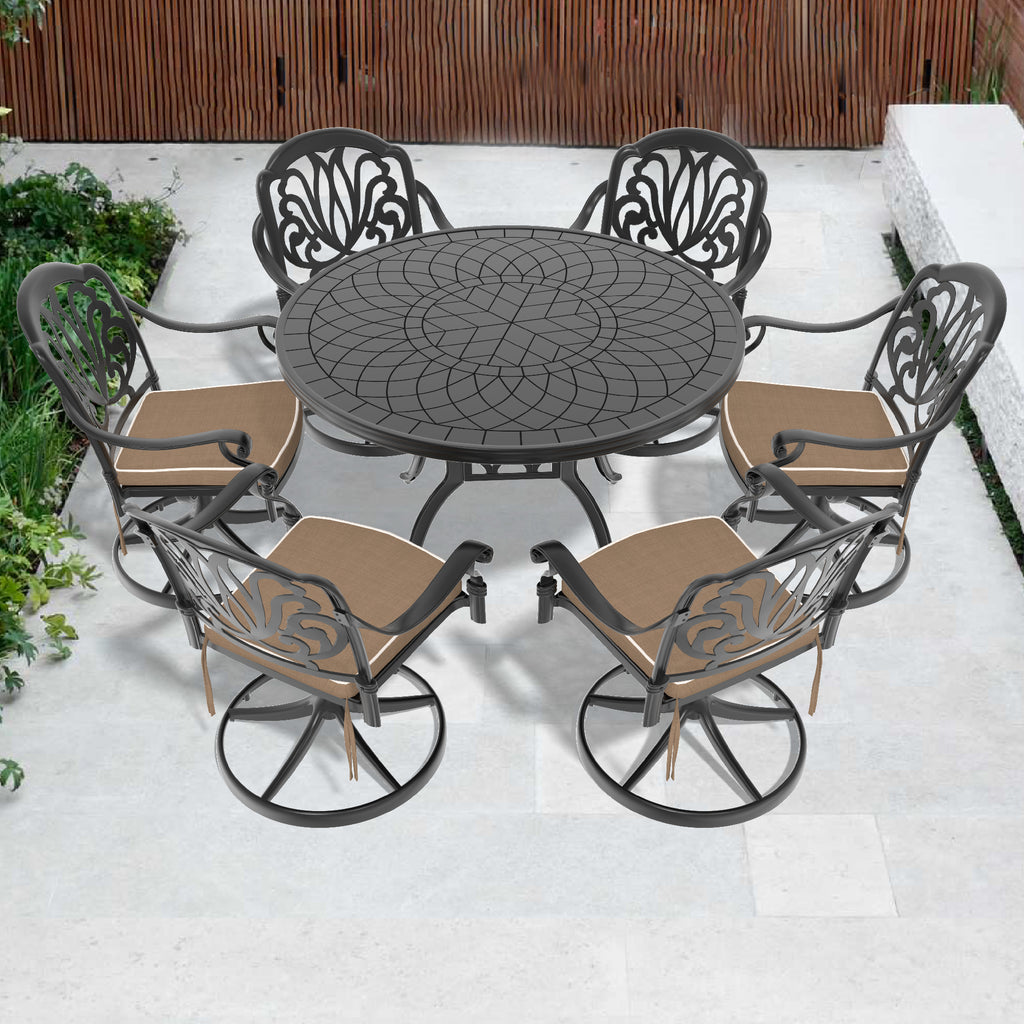 7-Piece All-Weather Cast Aluminum Dining Set, Include 6 Swivel Chairs and 47.24' Round Table With Black Frame (same sku:W1710S00445)