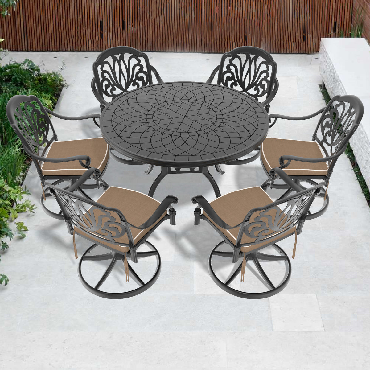 7-Piece All-Weather Cast Aluminum Dining Set, Include 6 Swivel Chairs and 47.24' Round Table With Black Frame (same sku:W1710S00445)