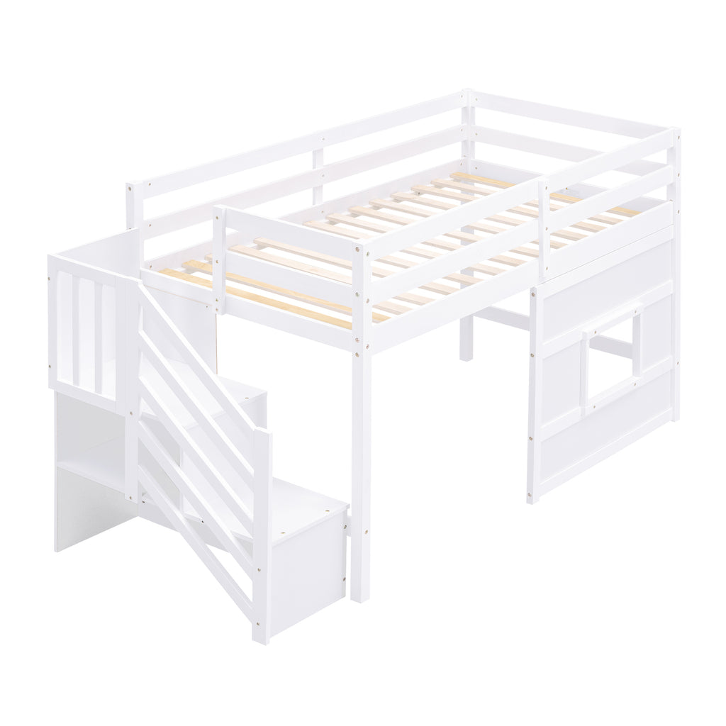 White Twin Size Loft Bed with Storage Staircase, Window, and LED Light - Pinewood & MDF Construction