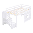 White Twin Size Loft Bed with Storage Staircase, Window, and LED Light - Pinewood & MDF Construction