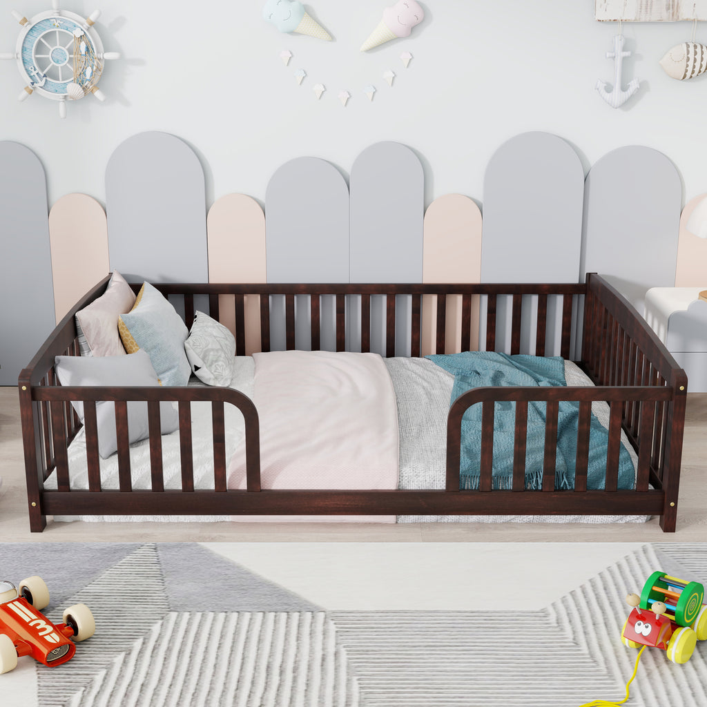 Full Size Floor Fence Bed with Central Entrance,Pine Wood Floor bed with Guardrails,Espresso