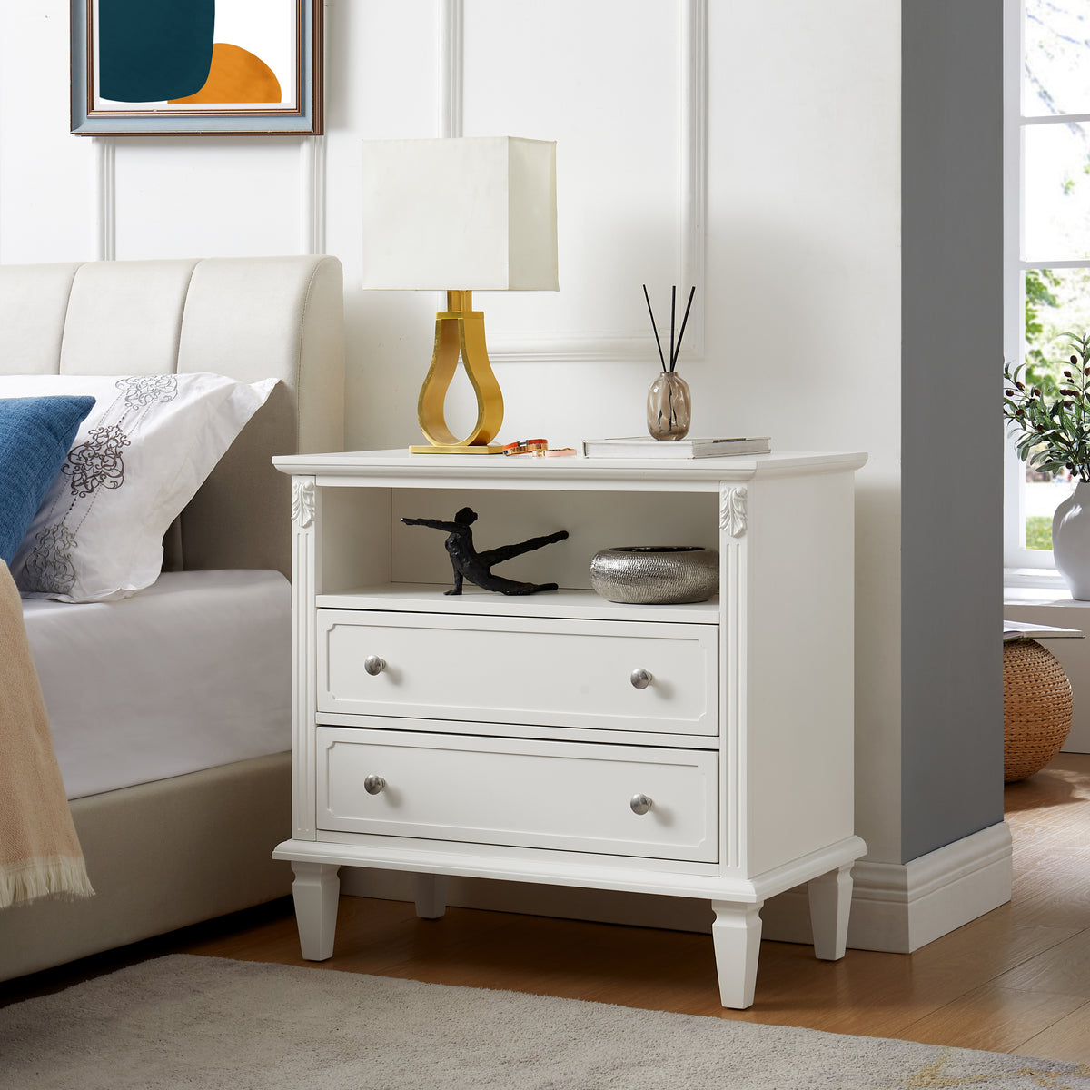 Open Space and 2 Drawers Dresser Nightstand with Charging Station, Farmhouse End Table with USB Ports and Outlets, Fluted Pilasters Design Side Table with Solid Wood Legs for Bedroom