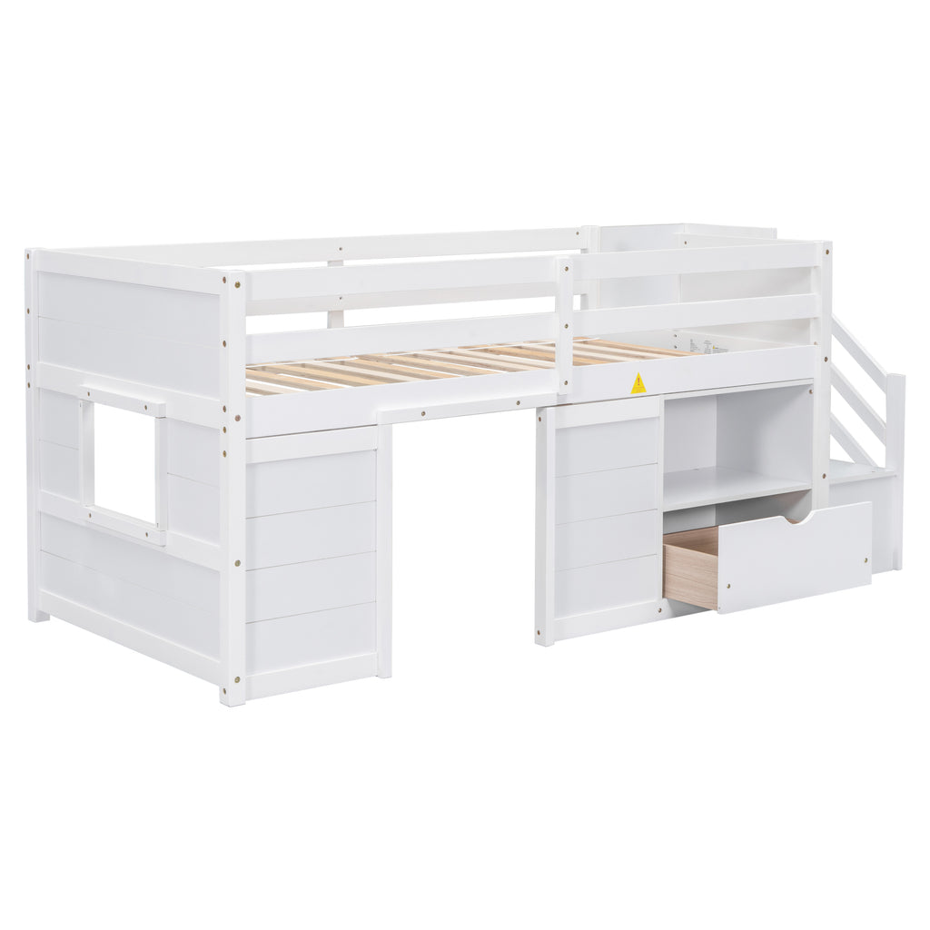 Solid Pine Wood Twin Low Loft Bed with Stair, Drawer, and Shelf in White Finish