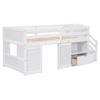 Solid Pine Wood Twin Low Loft Bed with Stair, Drawer, and Shelf in White Finish