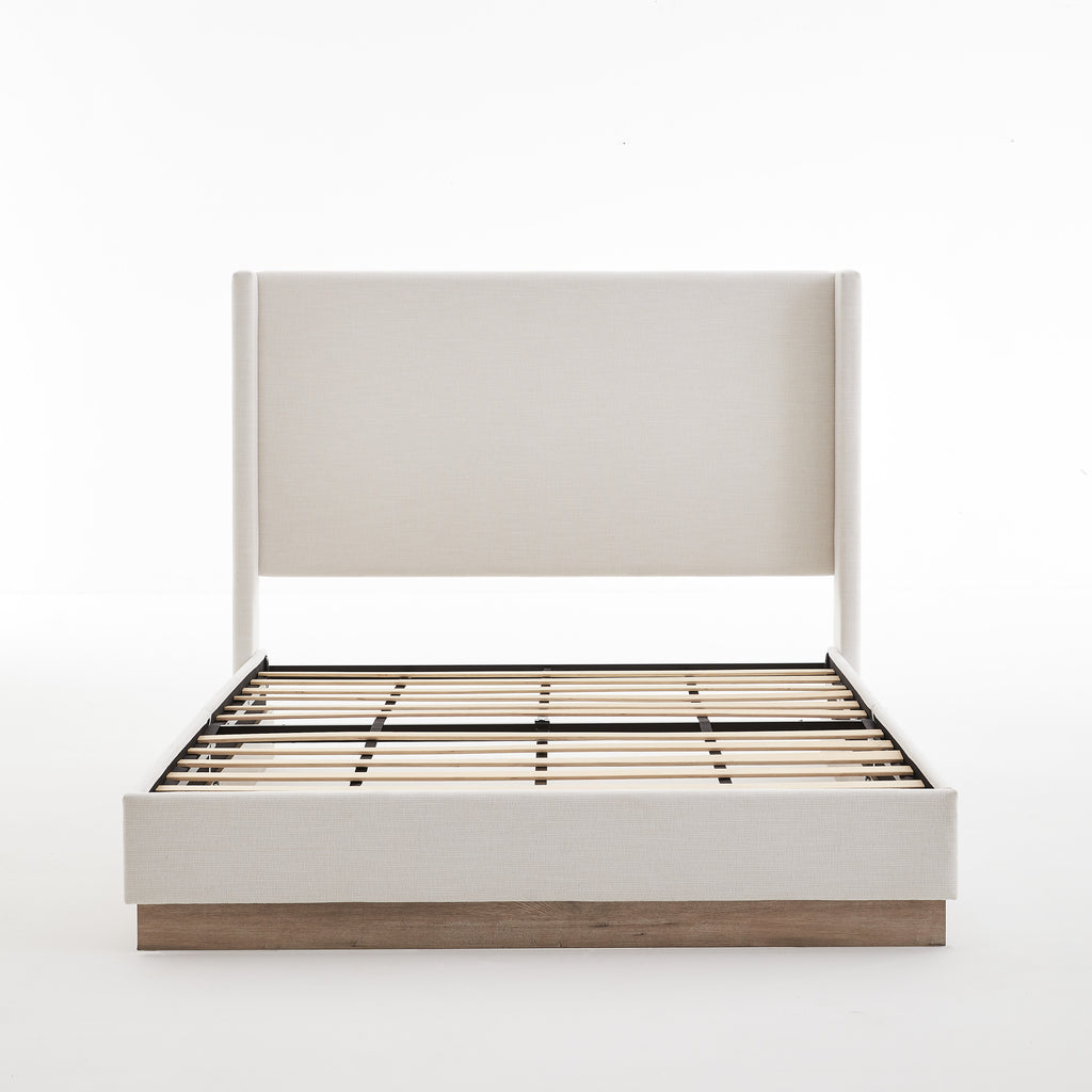 Hosford Upholstered Wingback Bed with Wood Base Platform - King - Textured Ivory Canvas - Minimalist Rusticity Design - No Box Spring Needed