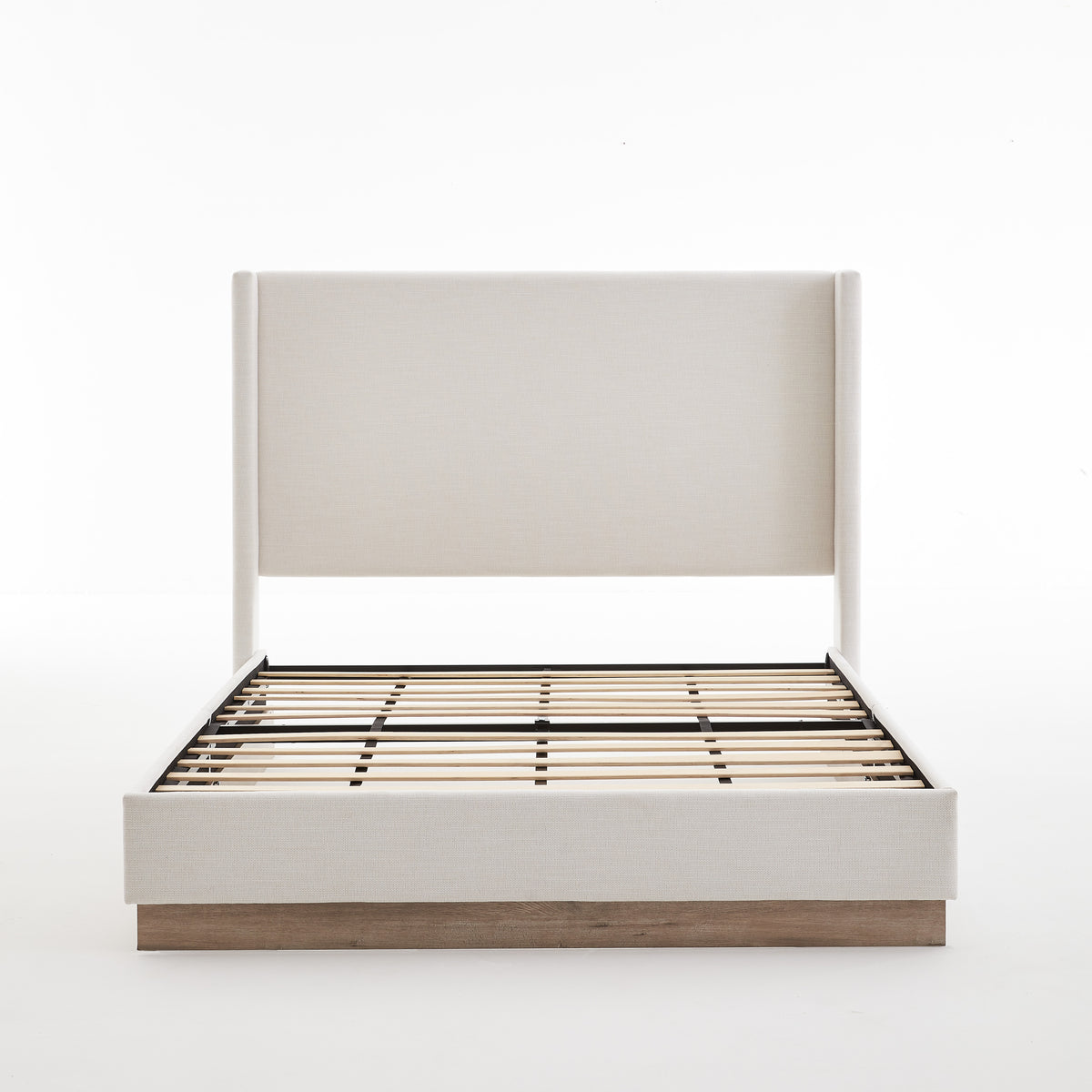 Hosford Upholstered Wingback Bed with Wood Base Platform - King - Textured Ivory Canvas - Minimalist Rusticity Design - No Box Spring Needed