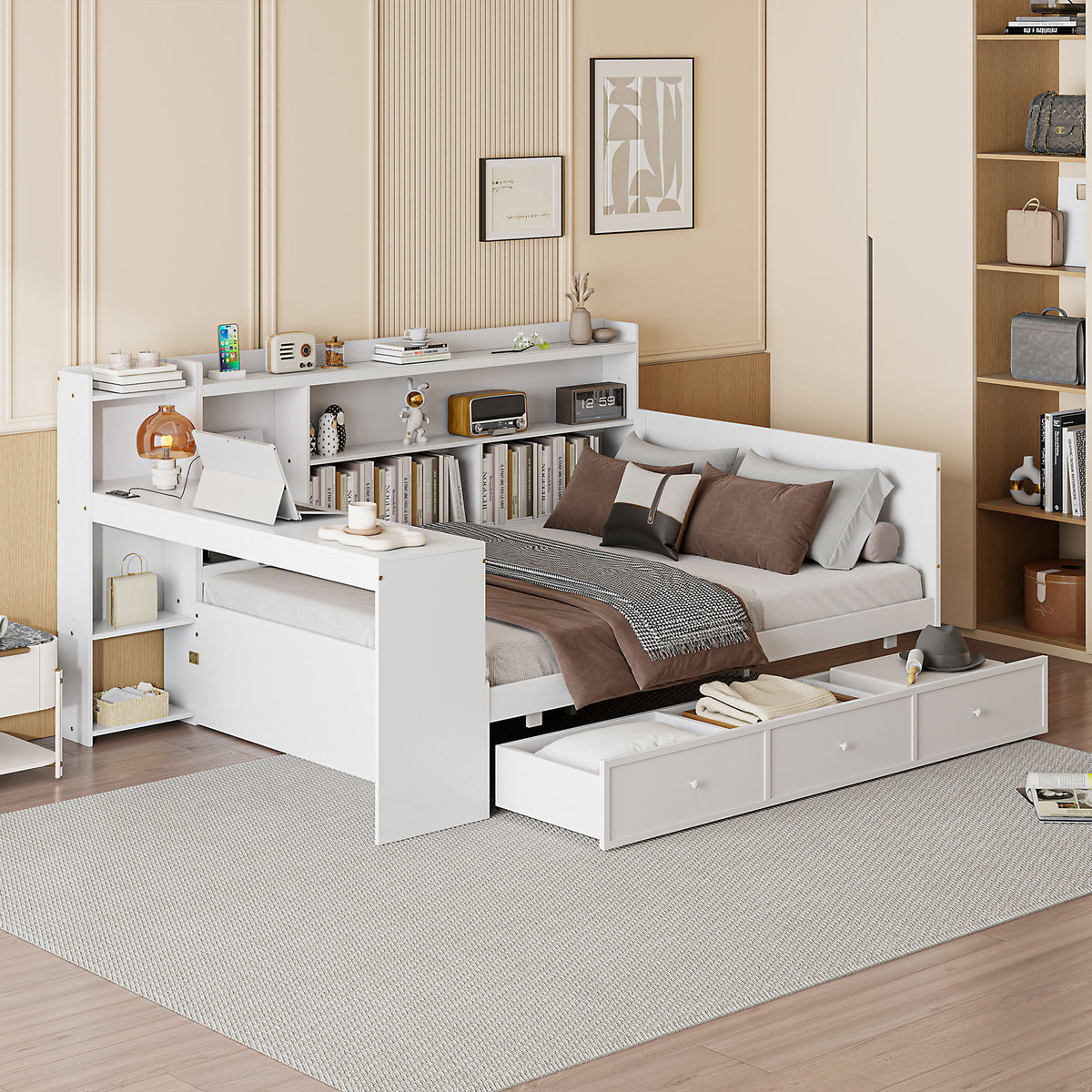 Full Size Wooden Daybed With 3 Drawers, USB Ports and desk ,White