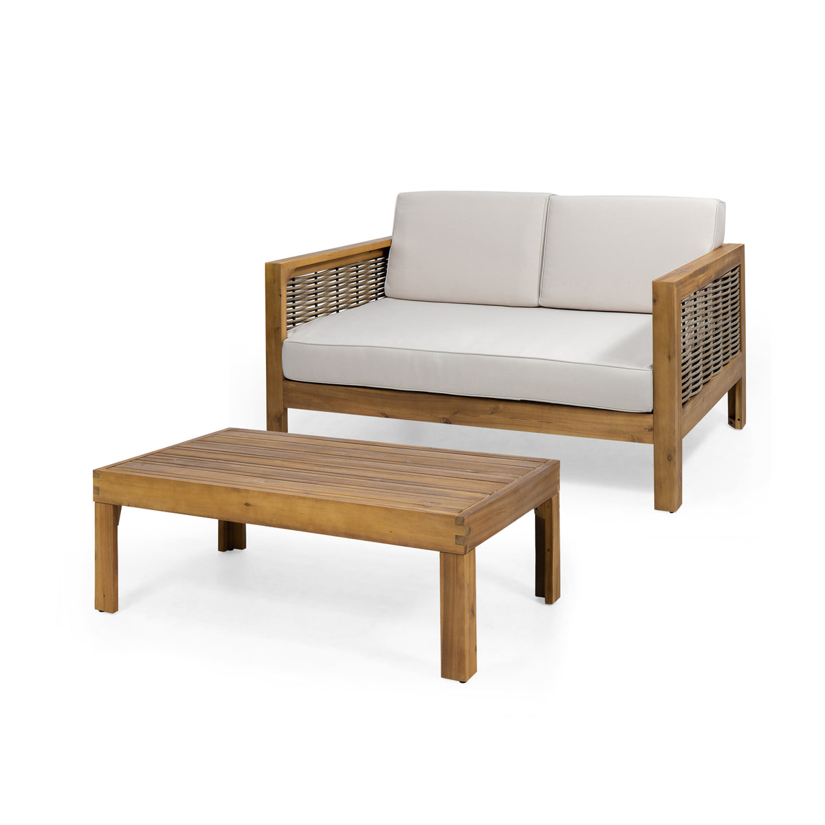 Outdoor Patio Acacia Wood Set with Coffee Table and Loveseat