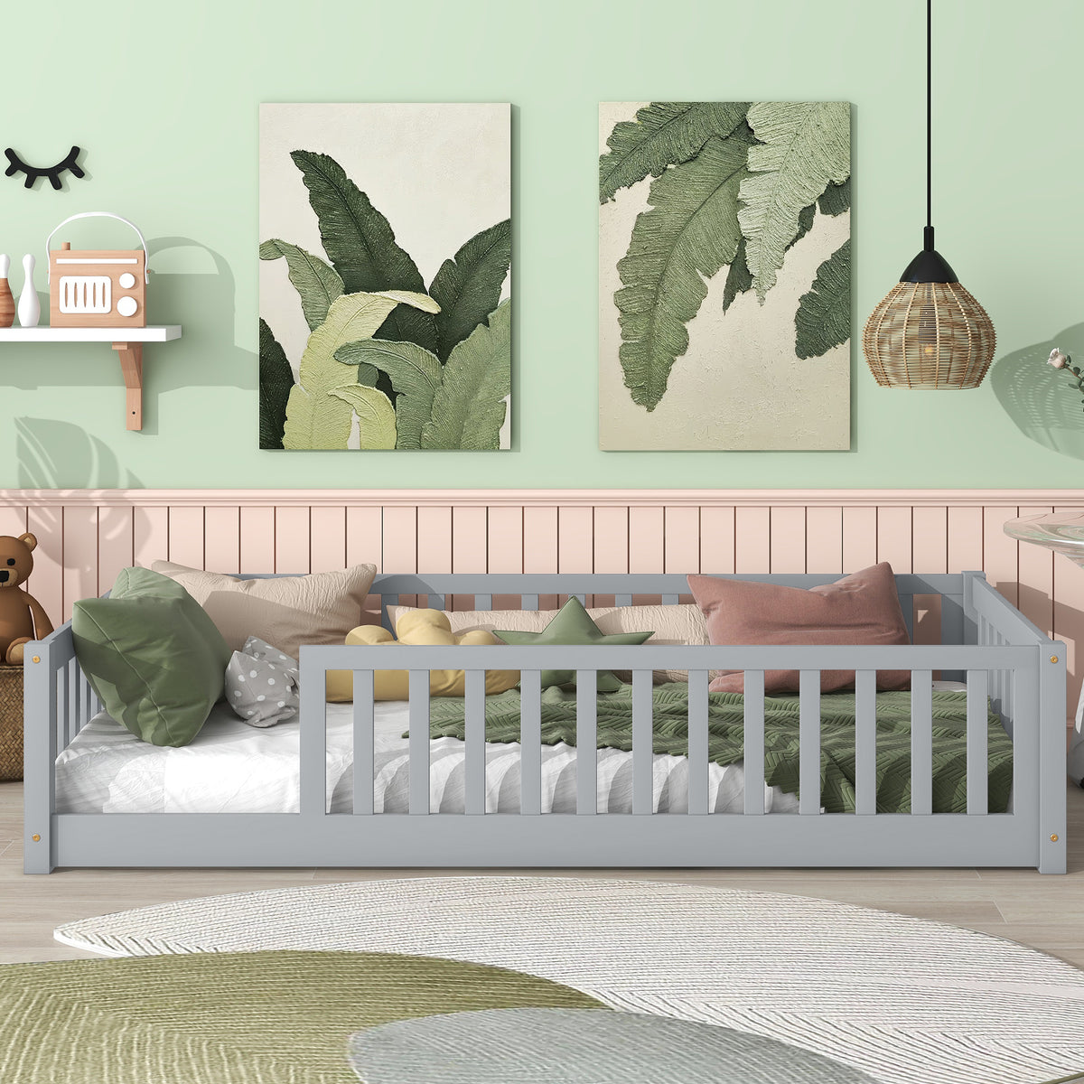 Twin Size Floor Bed with Fence without Door, Rubber Wood Floor Bed with Safety Guardrails,Grey