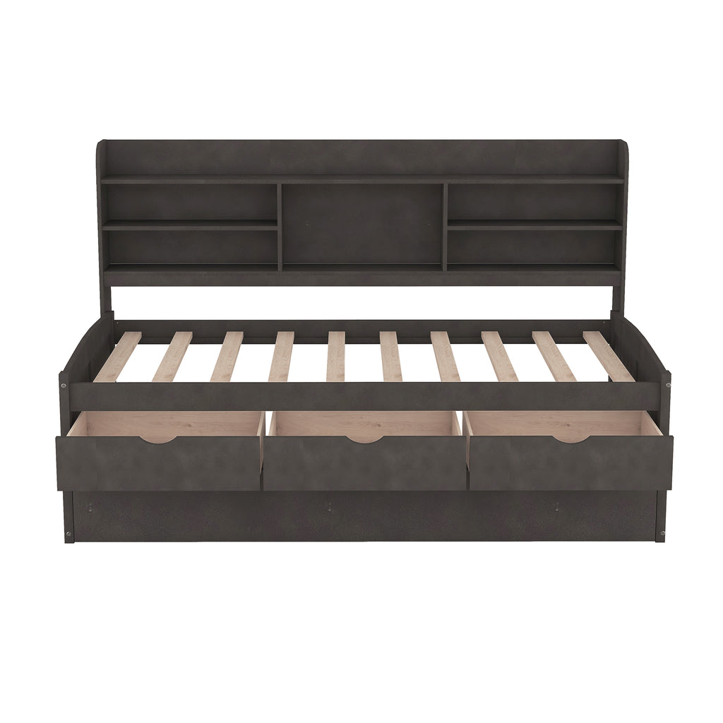 Twin Size Wooden Captain Bed with Built-in Bookshelves, Three Storage Drawers and Trundle in Antique Brown Pine Wood