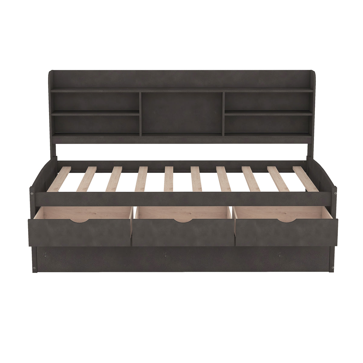 Twin Size Wooden Captain Bed with Built-in Bookshelves, Three Storage Drawers and Trundle in Antique Brown Pine Wood
