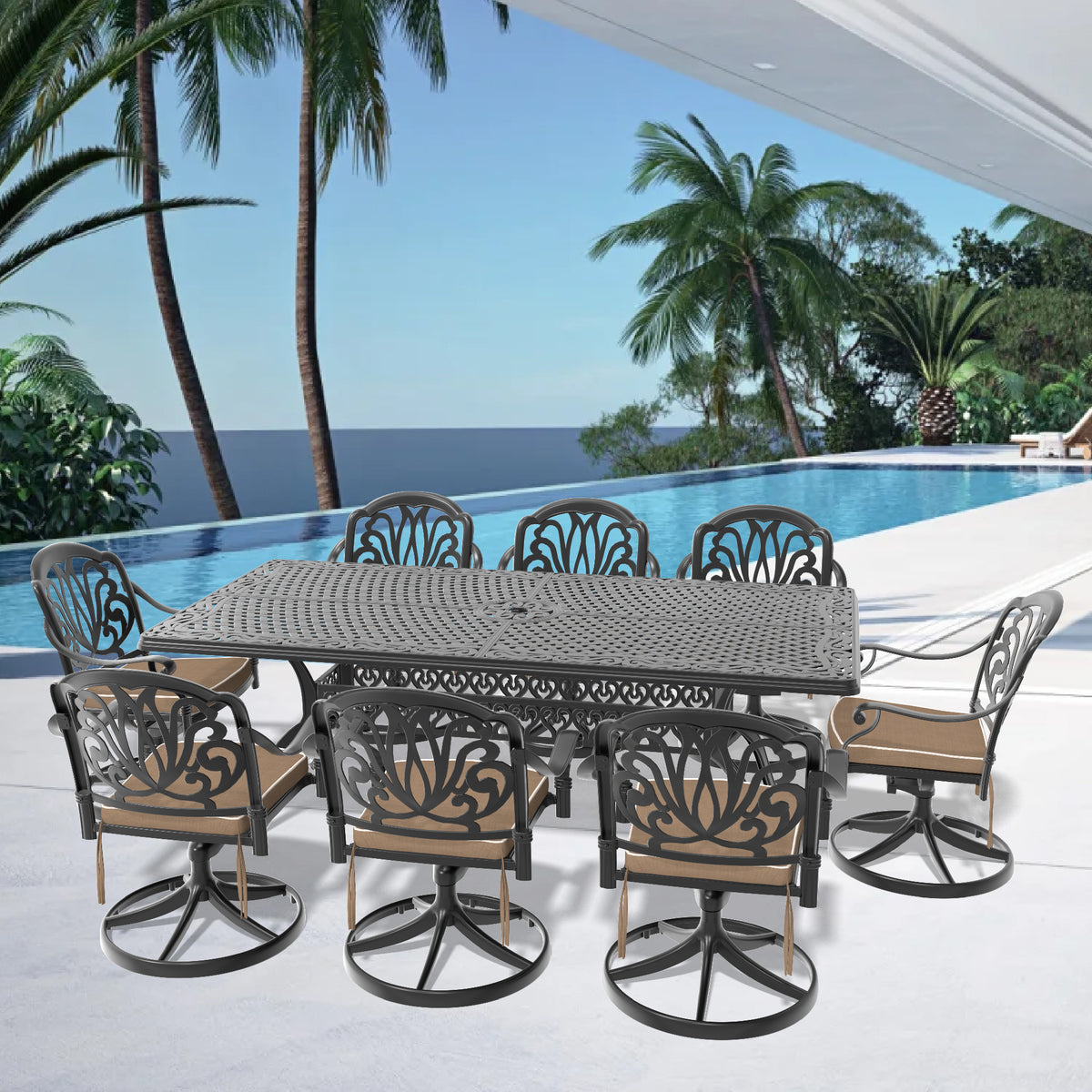 9-Piece All-Weather Cast Aluminum Dining Set, Include 8 Swivel Chairs and Rectangular Table With Black Frame (same sku:W1710S00475)