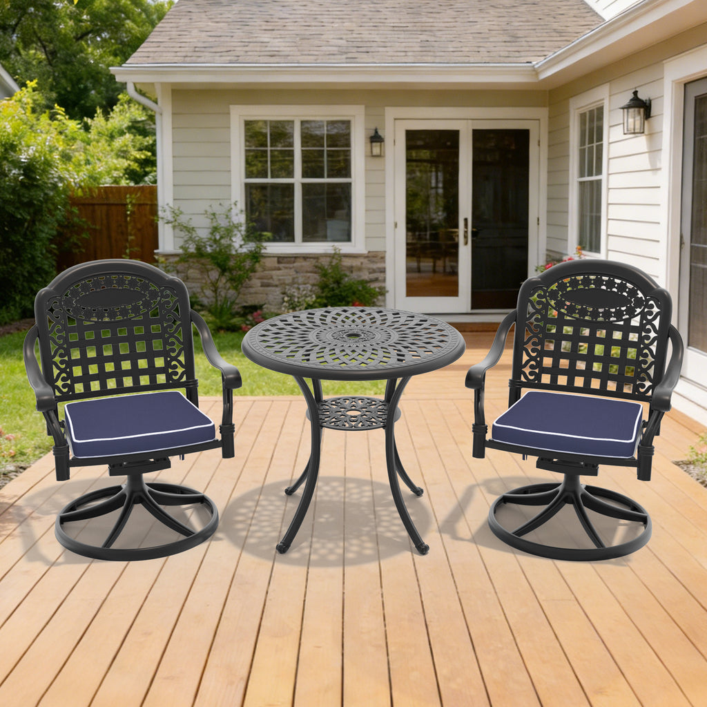 3-Piece All-Weather Cast Aluminum Dining Set, Include 2 Swivel Chairs and 30.71' Round Table With Black Frame