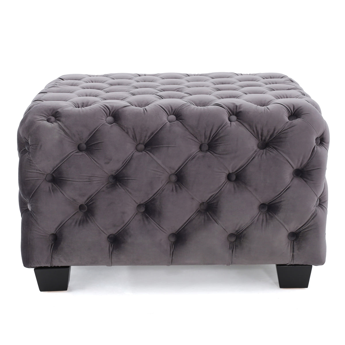 Modern Glam Velvet Ottoman with Button-Tufted Diamond Stitch Design in Grey