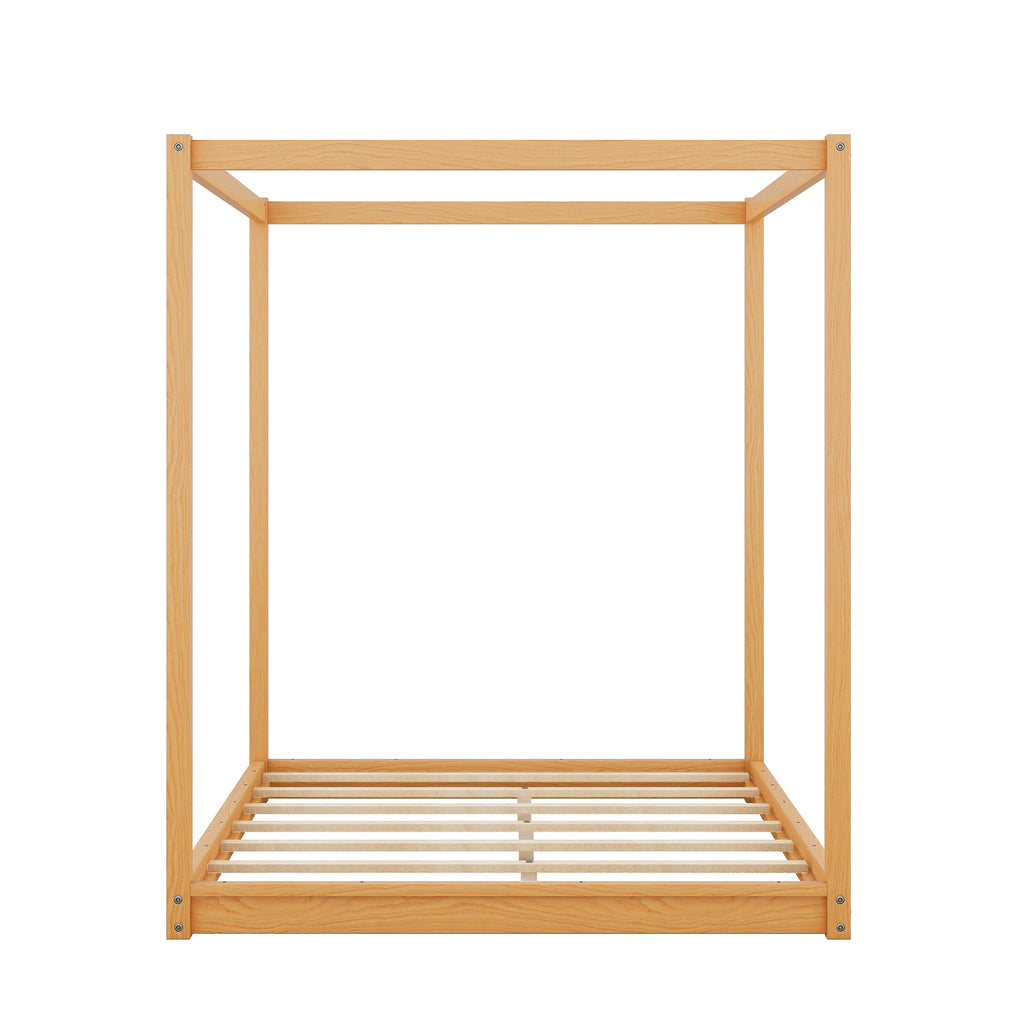 Natural Pine Wood Queen Size Canopy Platform Bed with Support Legs and Airflow Slats