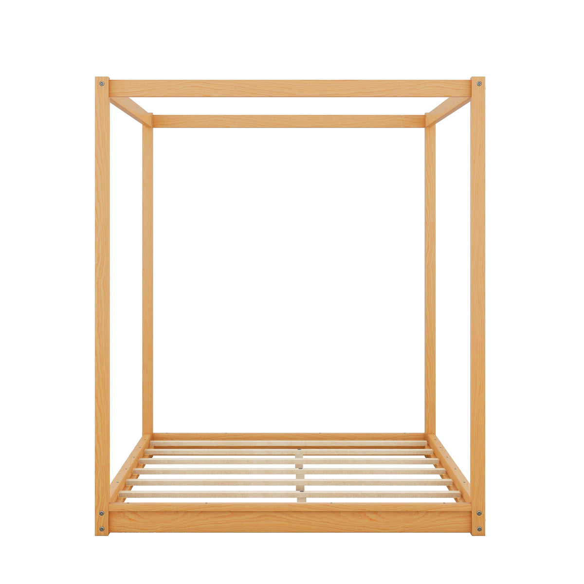 Natural Pine Wood Queen Size Canopy Platform Bed with Support Legs and Airflow Slats