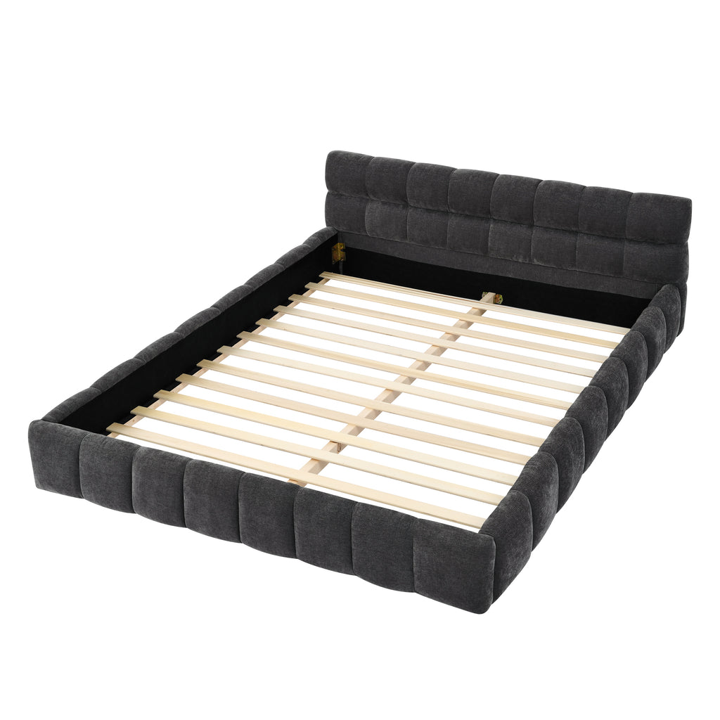 Modern Queen Size Platform Bed Frame with Thick Chenille Fabric in Dark Grey, Upholstered with Headboard