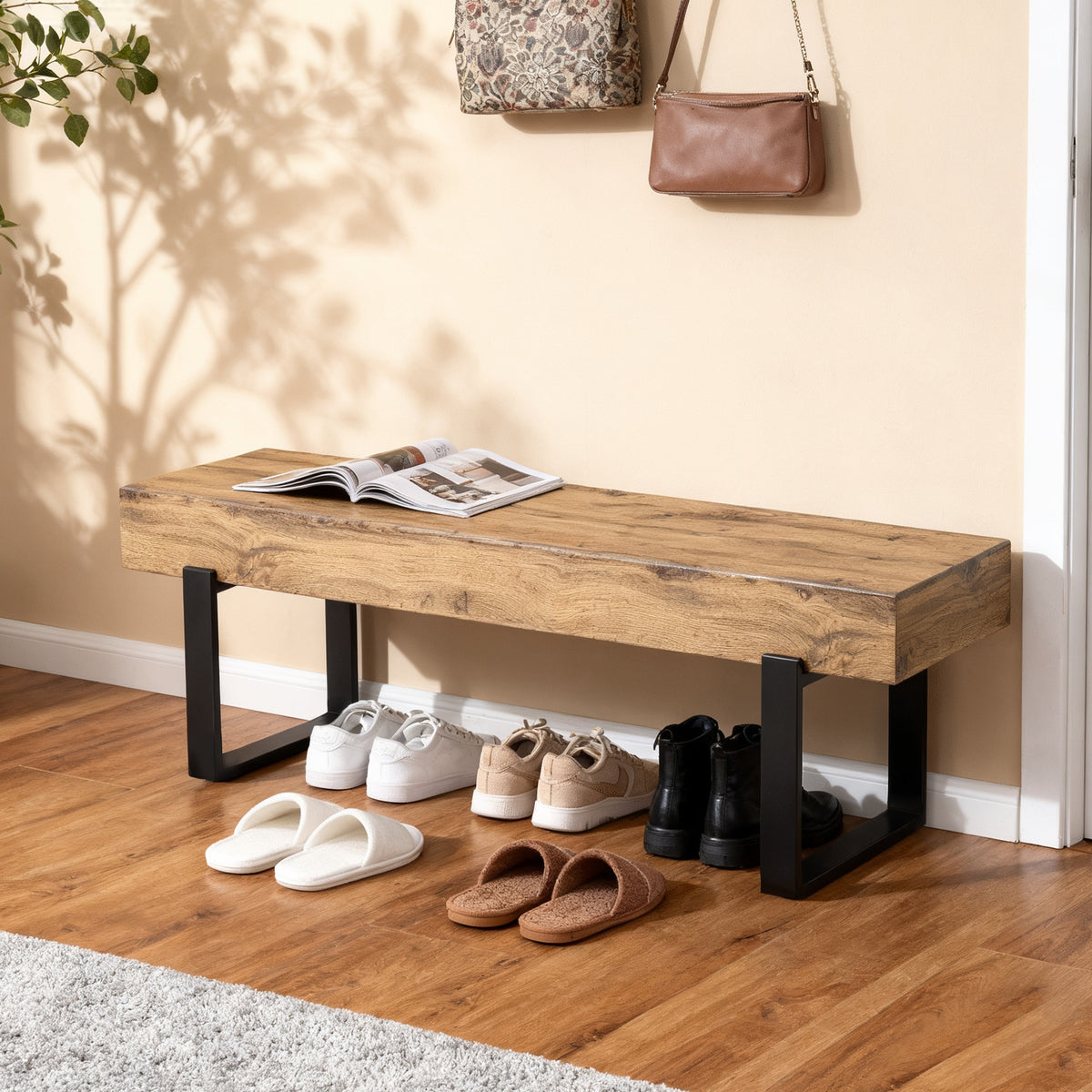 59' Wood Bench for Bedroom End of Bed, Farmhouse Indoor Kitchen Table Benches,Versatile Modern Shoe Bench for Entryway, Natural