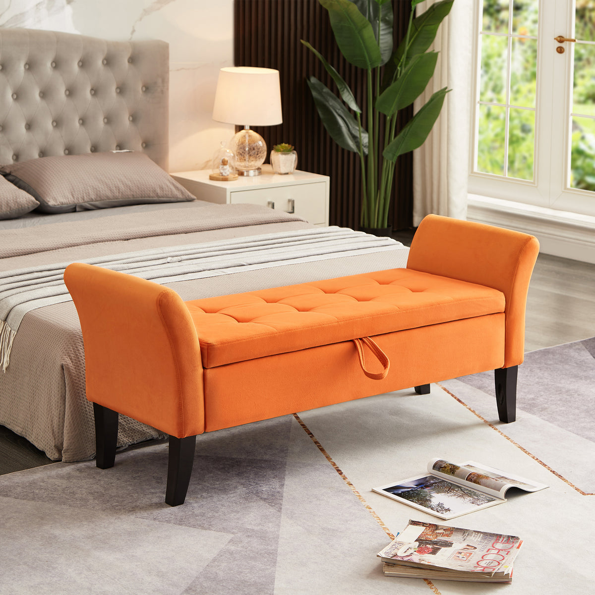 51.5' Bed Bench with Storage Orange Velvet