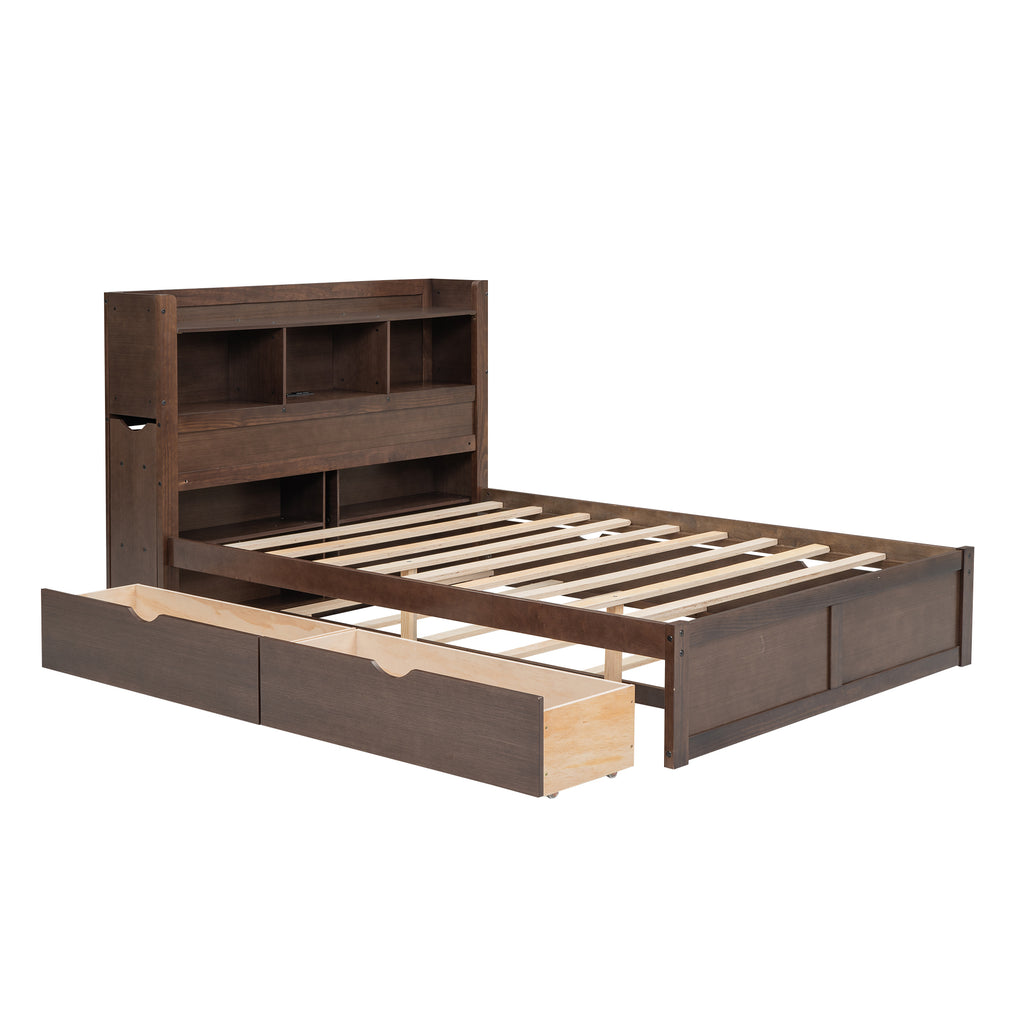 Espresso Full Size Storage Platform Bed with Pull-Out Shelves, Twin Trundle, and 2 Drawers, Solid Wood+MDF