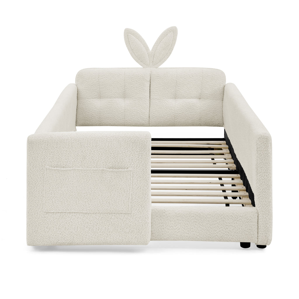 Cute Rabbit Ear Twin Upholstered Platform Bed Frame with Safety Rail, Beige Boucle Fabric, 80''L x 45''W x 25''H