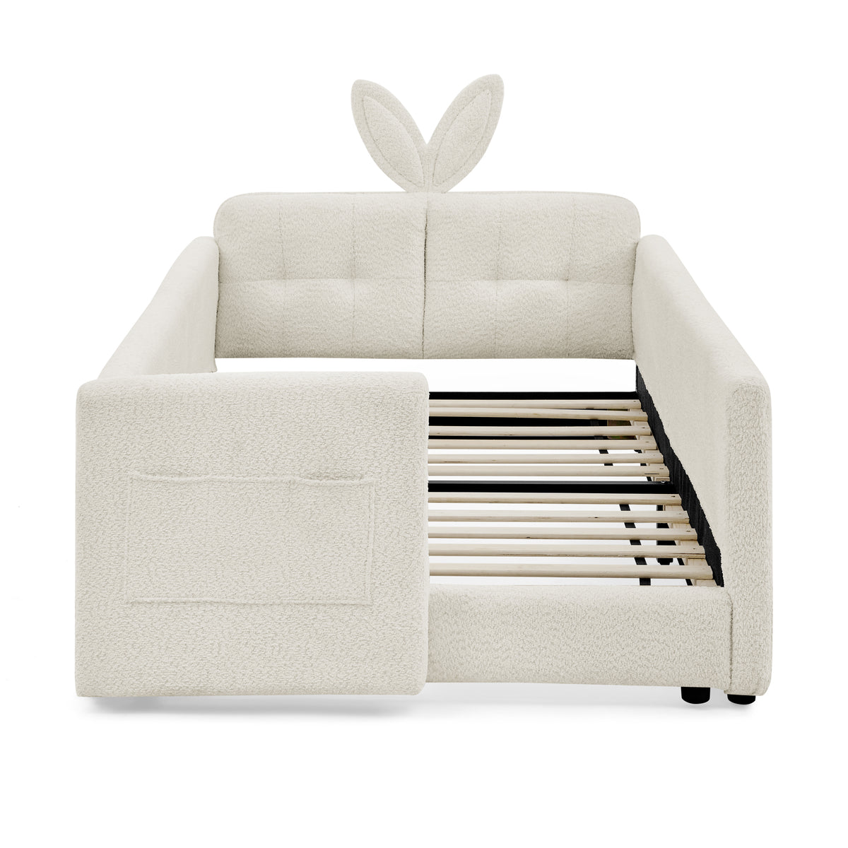 Cute Rabbit Ear Twin Upholstered Platform Bed Frame with Safety Rail, Beige Boucle Fabric, 80''L x 45''W x 25''H