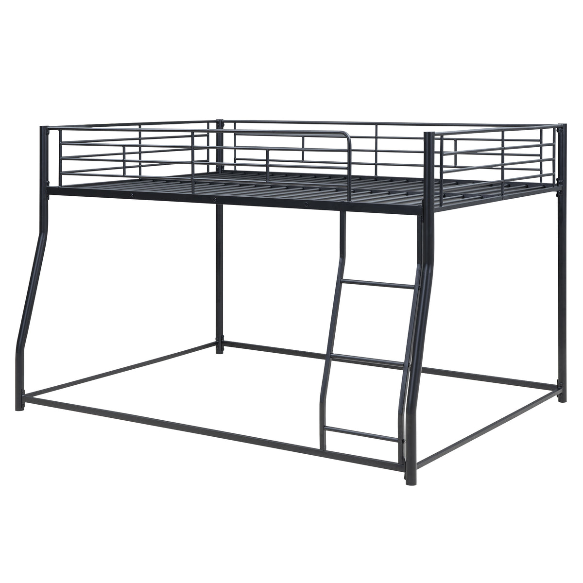 Modern Black Metal Floor Bunk Bed, Full XL over Queen, Durable Steel Frame with Inclined Ladder