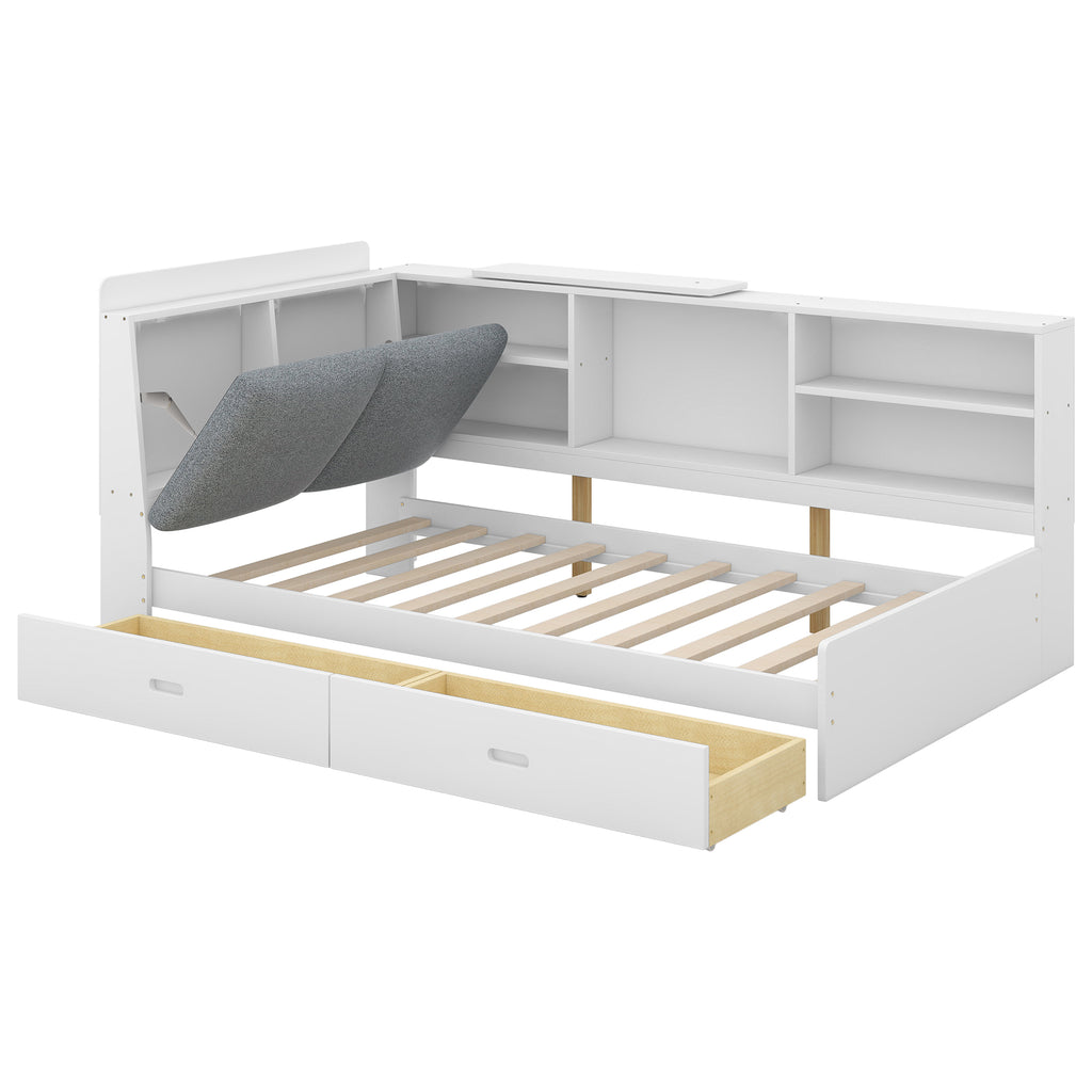 White Wood Twin Size Platform Bed with Storage Headboard, Shelves, and 2 Drawers, Solid Pine Wood+MDF