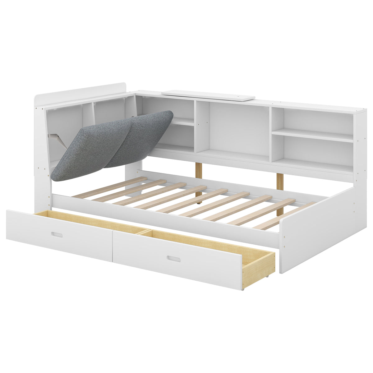 White Wood Twin Size Platform Bed with Storage Headboard, Shelves, and 2 Drawers, Solid Pine Wood+MDF