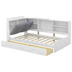 White Wood Twin Size Platform Bed with Storage Headboard, Shelves, and 2 Drawers, Solid Pine Wood+MDF