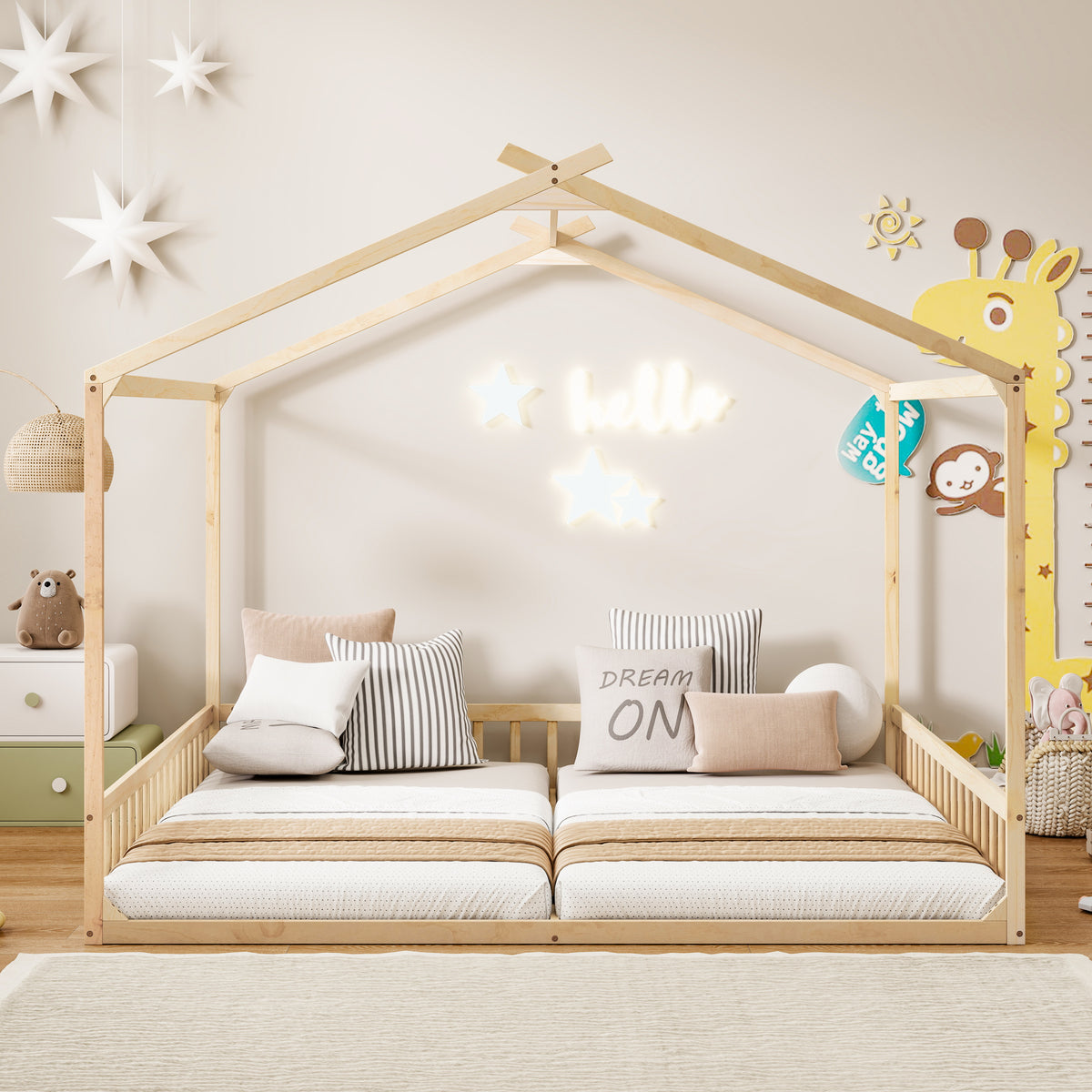 Double Twin House-Shaped Floor Bed with Safety Guardrails, without door, Natural