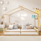 Double Twin House-Shaped Floor Bed with Safety Guardrails, without door, Natural