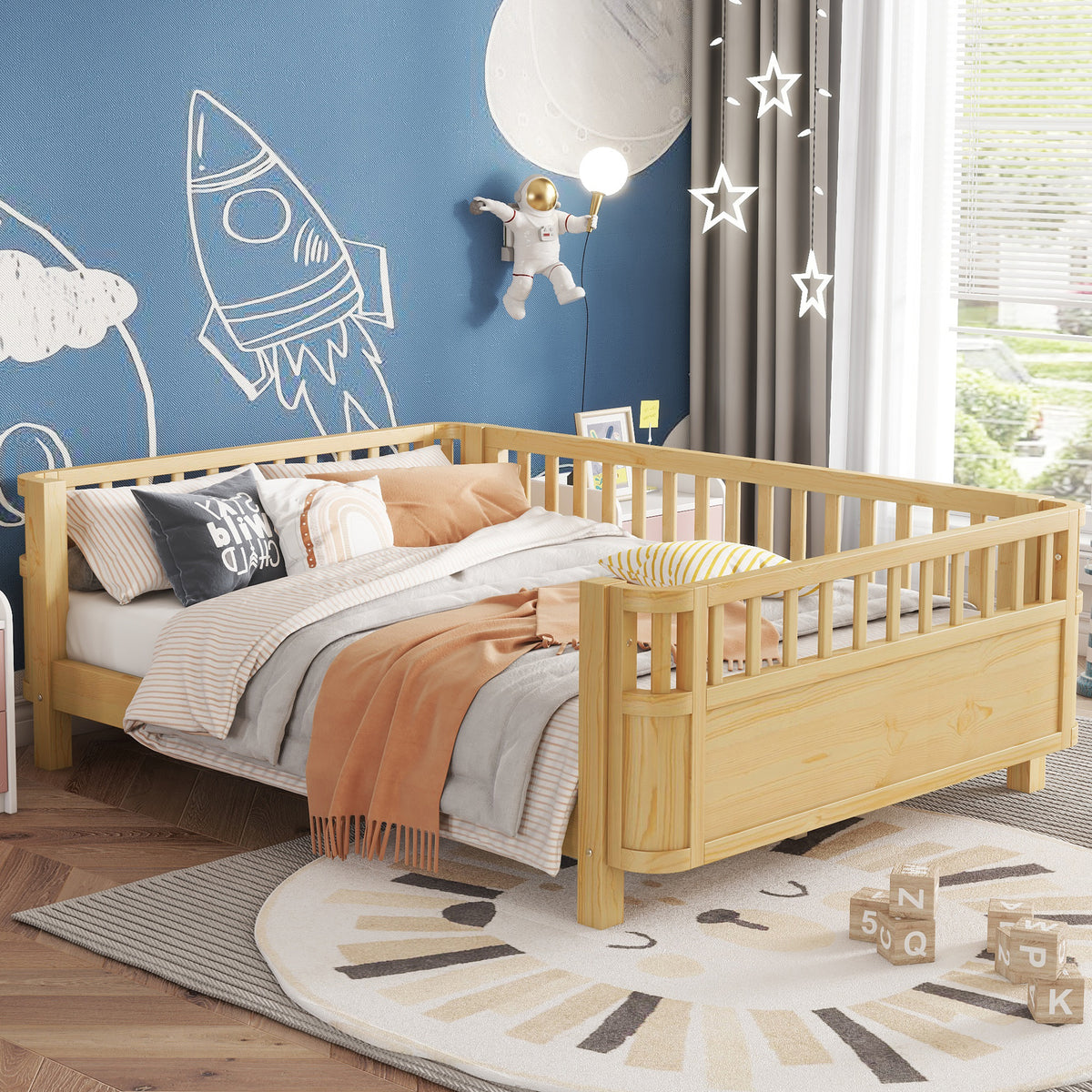 Full Size Wood Platform Bed for Kids, Wood Low Profile Full Bed with Rails for Girls and Boys, Natural (Patented Design,Expect Arrival Date 2026/5/11 Old SKU W2593P233781)