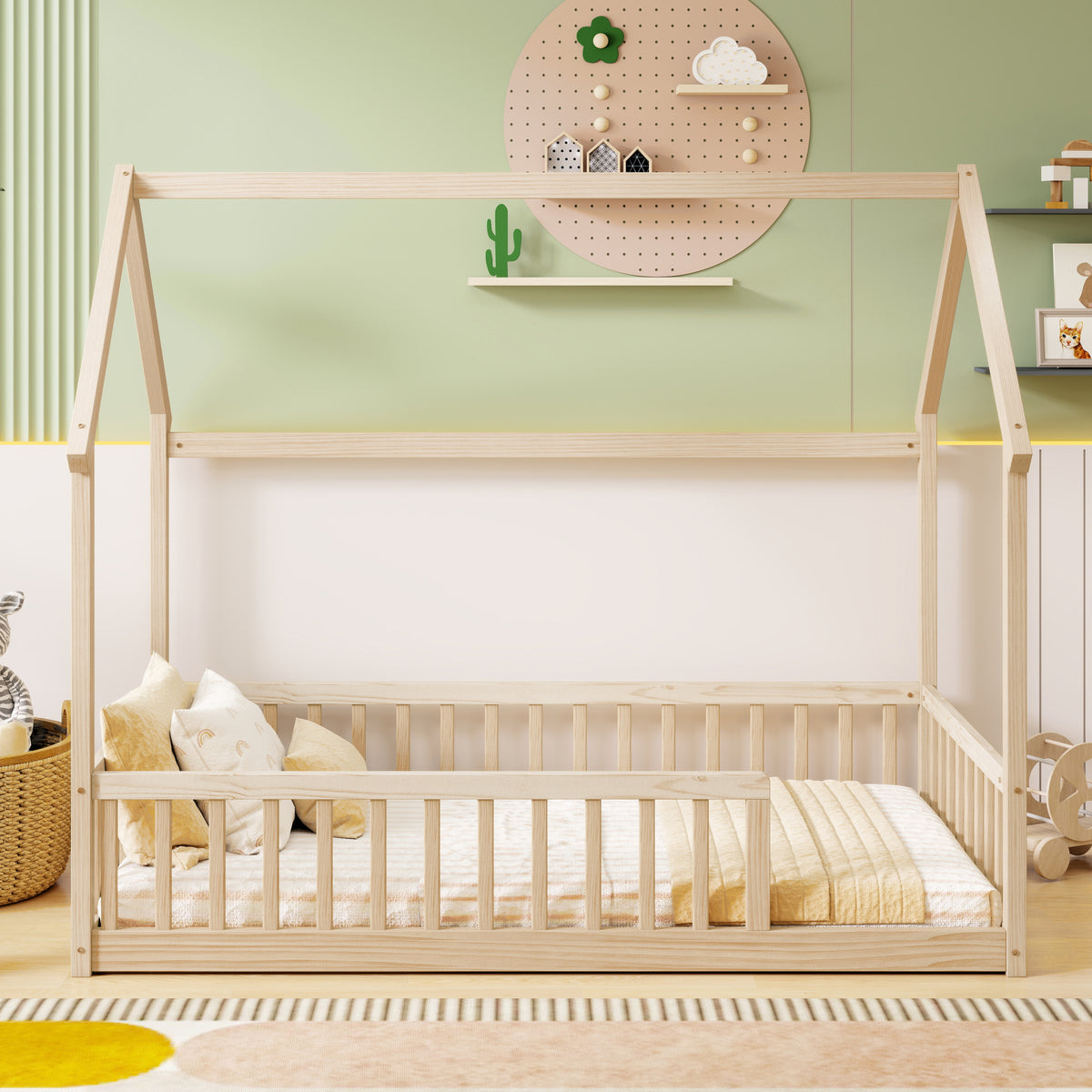 Twin Size House Floor Bed with Roof Frame ,Pine Wood Floor Bed with Safety Guardrails,Natural
