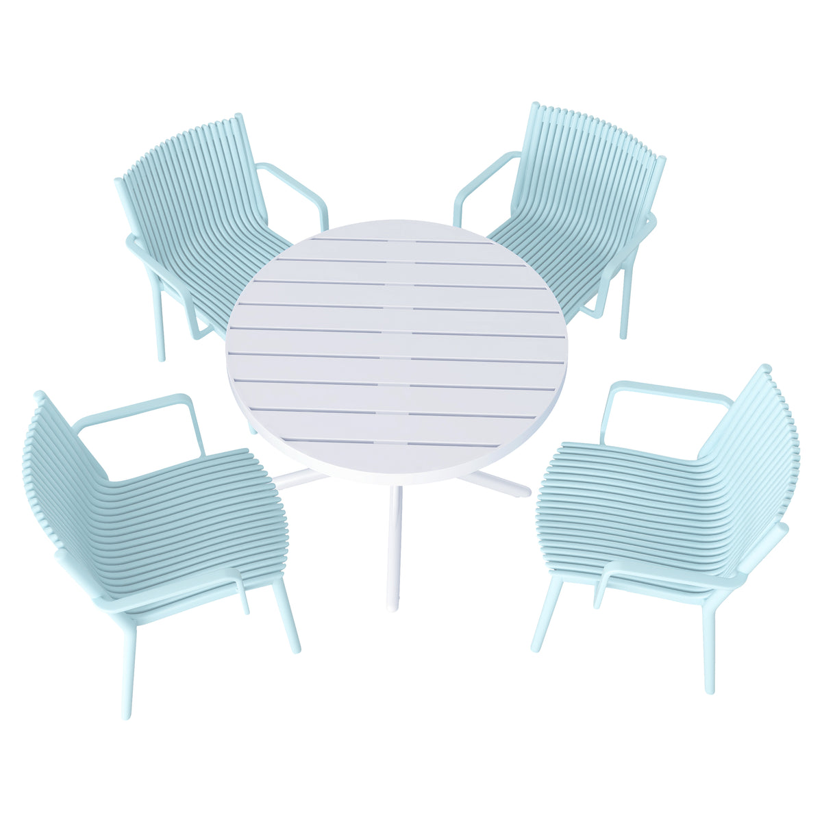 Four pcs Modern Stackable Plastic Armchair Matched  with 36 Inch Round Table,Light Baby Blue/White21.26*20.08*31.5(in) /35.43*35.43*29.53 (in),pp