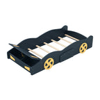 Race Car-Shaped Twin Platform Bed with Wheels and Storage in Dark Blue+Yellow, Solid Wood+MDF